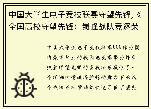 中国大学生电子竞技联赛守望先锋,《全国高校守望先锋：巅峰战队竞逐荣光》